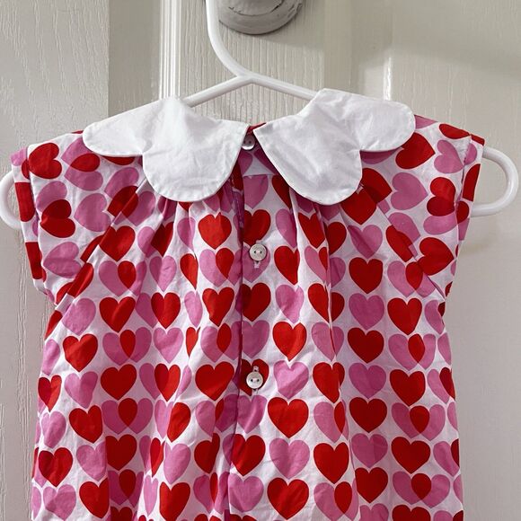 Jacadi Paris Scallop Collar Pink Red Heart Bubble Romper Girls Size 6 Months - Picture 8 of 9